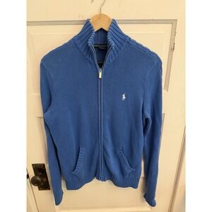 Ralph Lauren Sport Women's Blue Full Zip Knit Cardigan Y2K 100% Cotton Sz Large